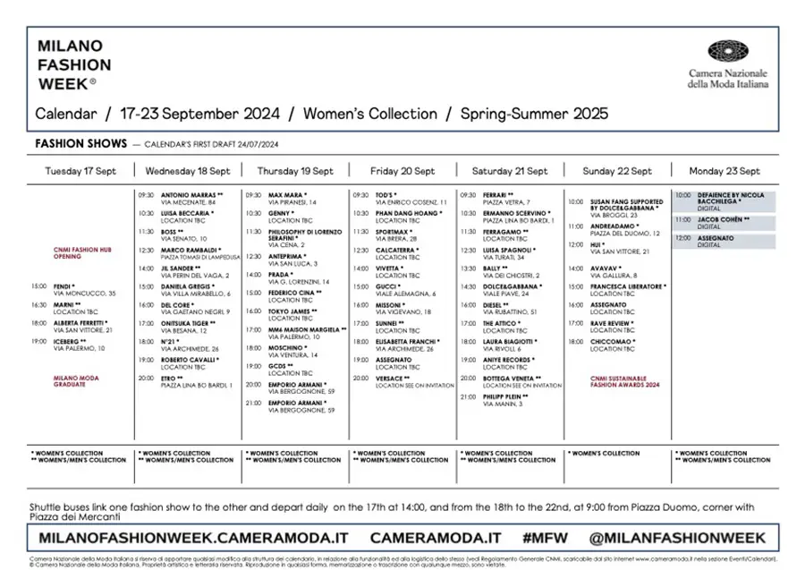 Milan Fashion Week Spring/Summer 2025 schedule highlights 58 runway shows and 3 digital presentations