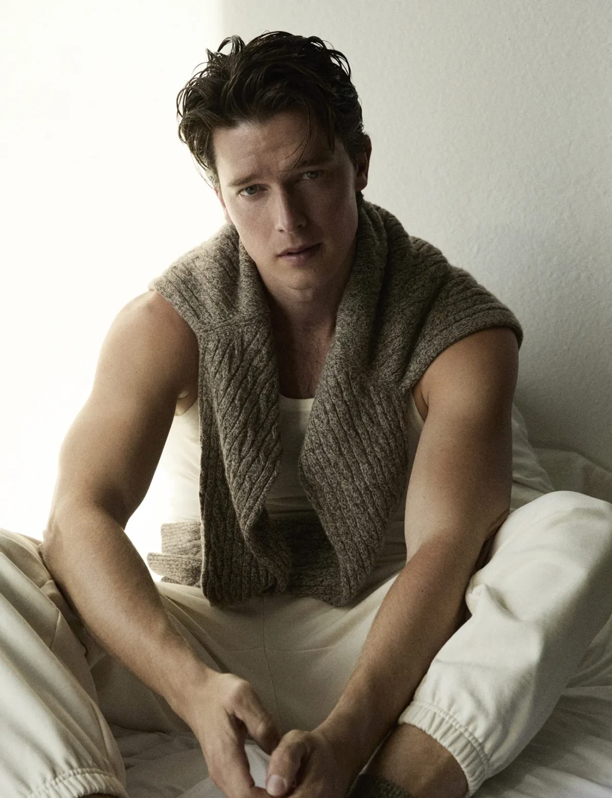 Patrick Schwarzenegger in Loro Piana on VMan Spring/Summer 2025 by Alvaro Beamud Cortes