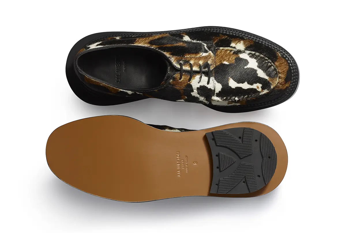 J.M. Weston x sacai return with a wild twist: cowhide, gold details, and oversized sole